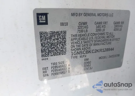 2019 Chevrolet Tahoe Lt z USA, uszkodzony, nr VIN 1GNSCBKC2KR128944